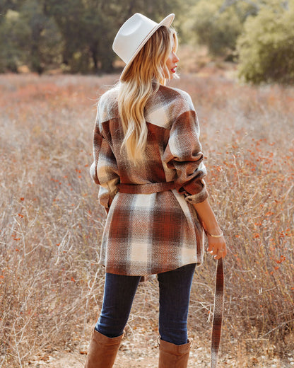 Camel Pike Pocketed Belted Plaid Shacket