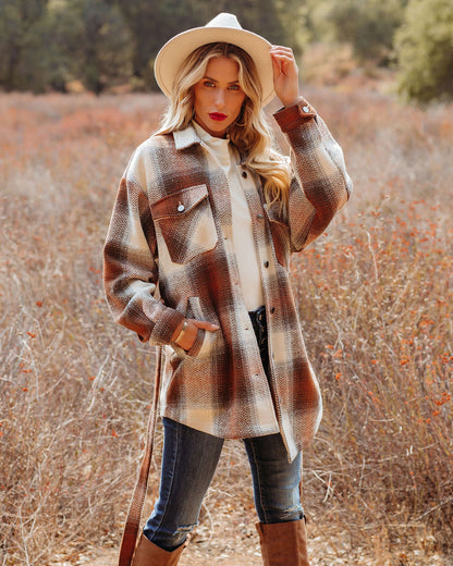 Camel Pike Pocketed Belted Plaid Shacket