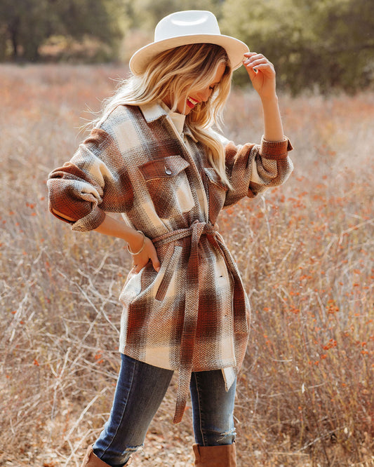 Camel Pike Pocketed Belted Plaid Shacket