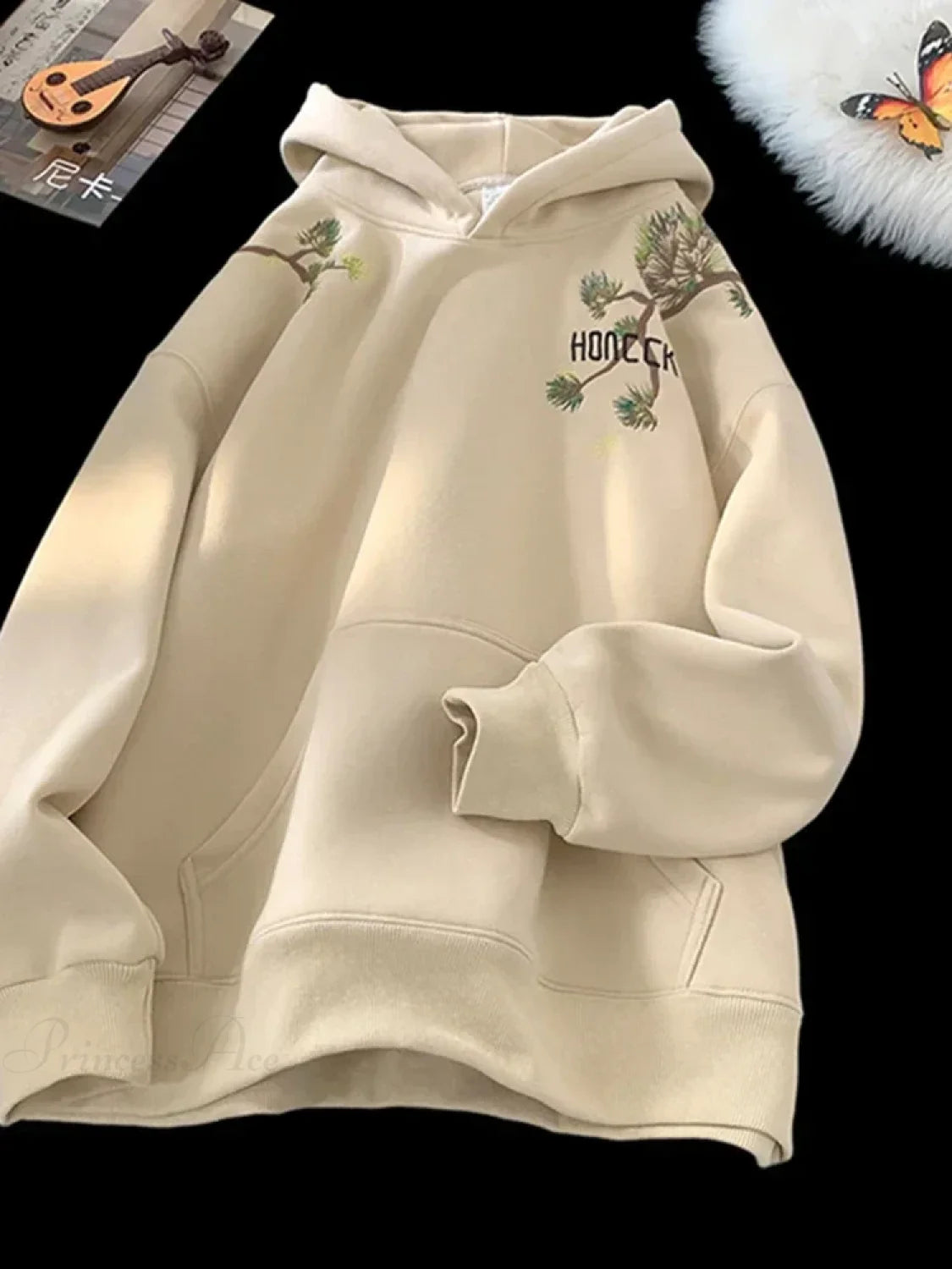 Pine Print Y2K Vintage Oversize Hoodie apricot / M(40-45KG)