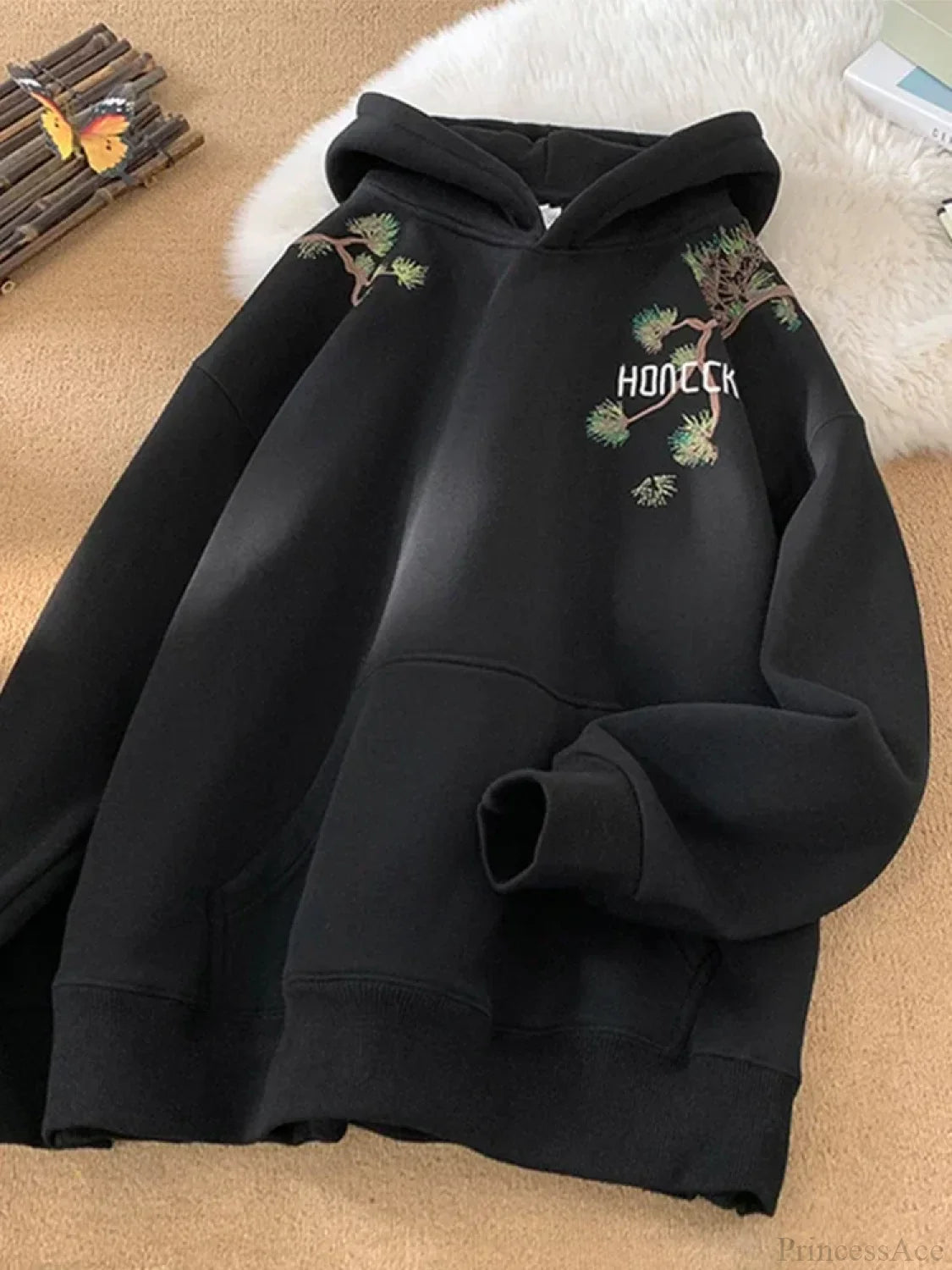 Pine Print Y2K Vintage Oversize Hoodie Black / M(40-45KG)