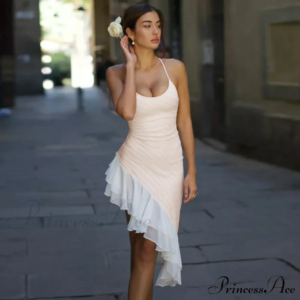 Pink Asymmetric Frill Charming Trim Cami Mini Dress