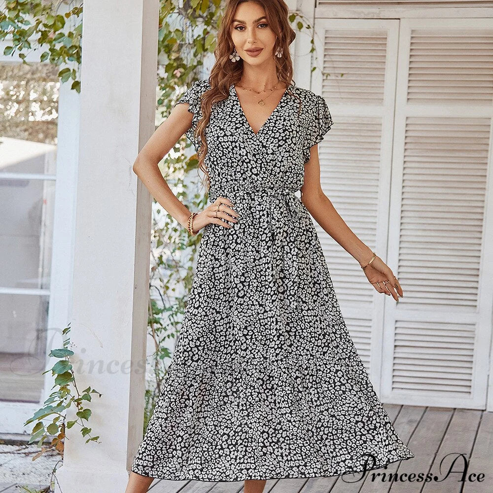 Pink Boho Resort Trendy Ladies Maxi Dress Black / S