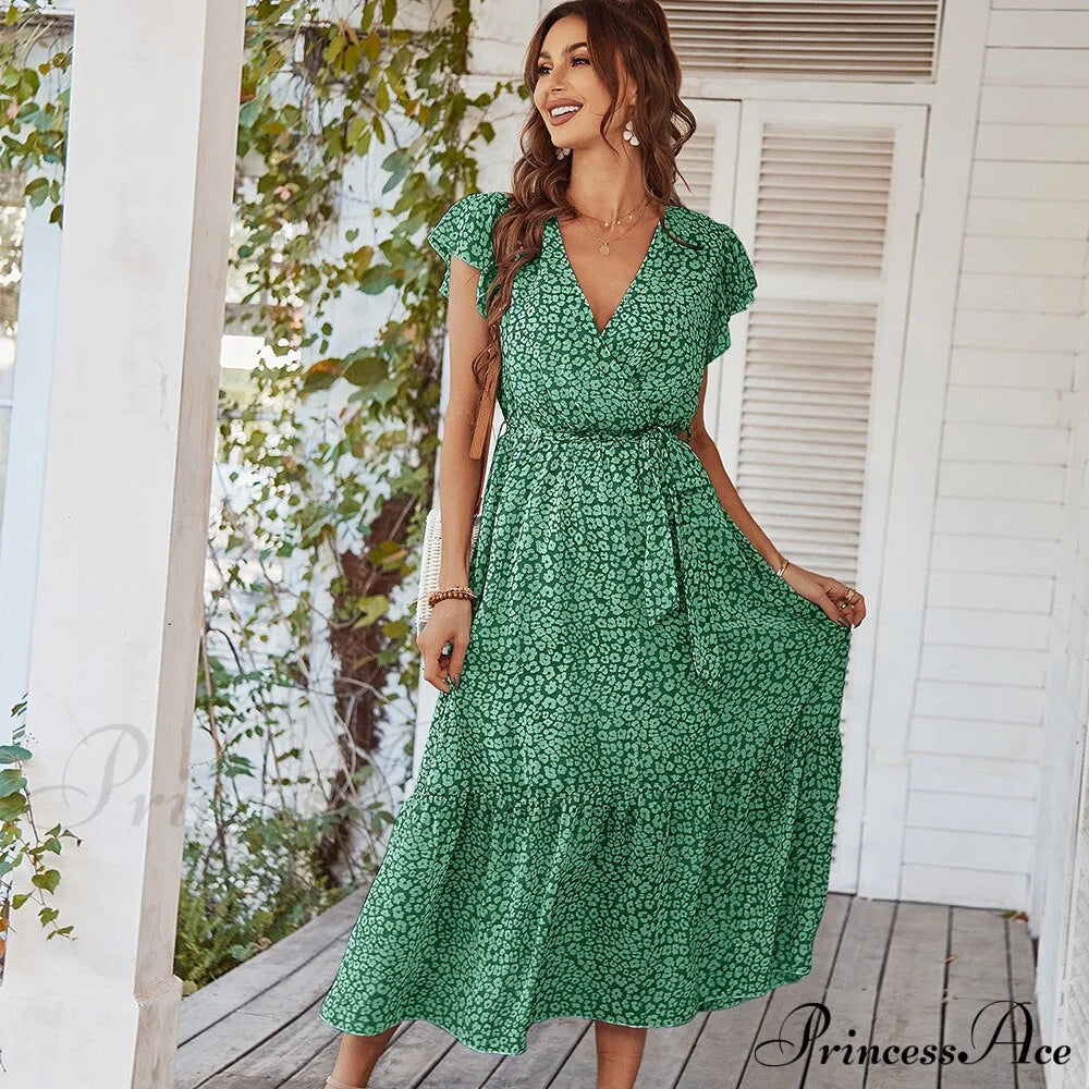 Pink Boho Resort Trendy Ladies Maxi Dress Dark Green / S