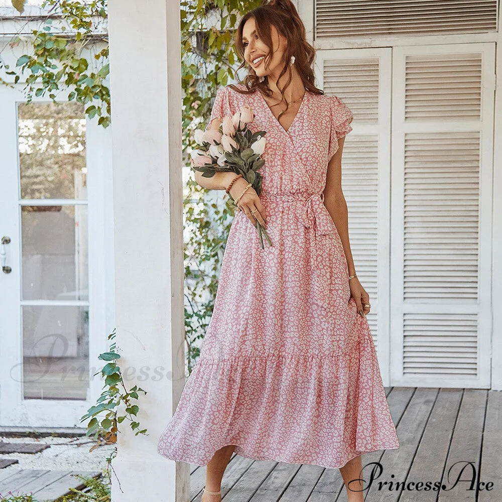 Pink Boho Resort Trendy Ladies Maxi Dress / S