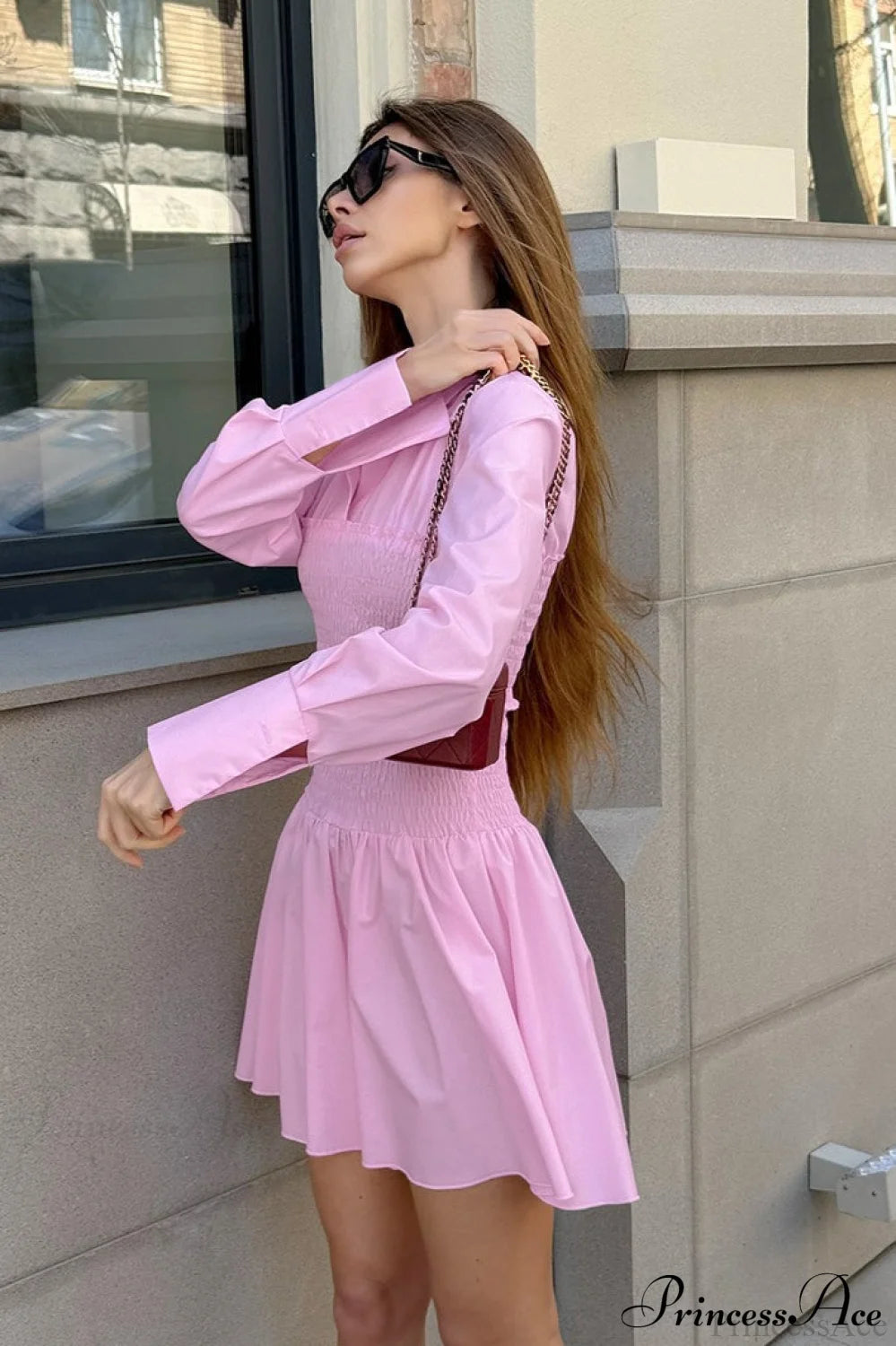 Pink Collared Shirt High Waist Mini Dress