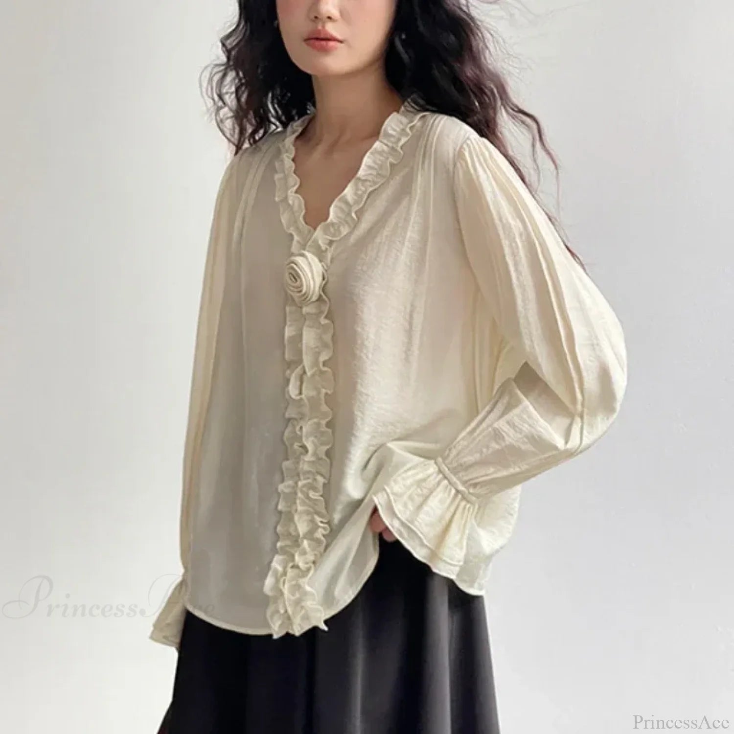 Pink Cotton Rayon Casual Long Sleeve V-Neck Boho Blouse Beige / One Size bohoblouse-250126