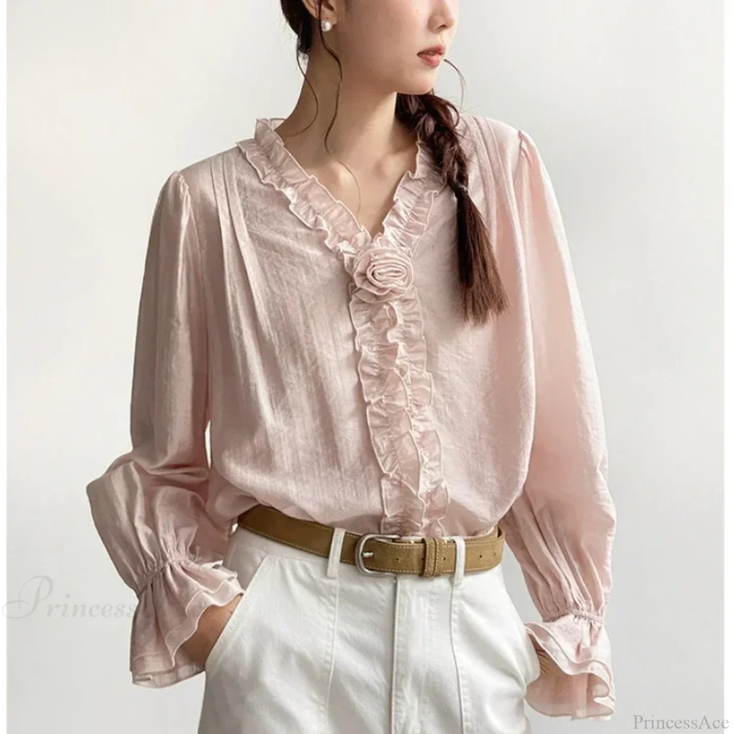 Pink Cotton Rayon Casual Long Sleeve V-Neck Boho Blouse Pink / One Size bohoblouse-250126