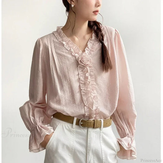Pink Cotton Rayon Casual Long Sleeve V-Neck Boho Blouse Pink / One Size bohoblouse-250126