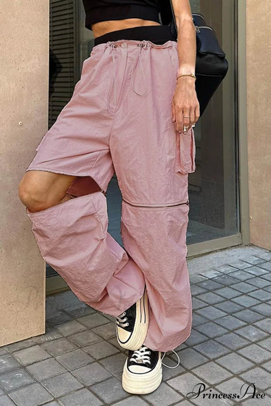 Pink Drawstring Zipper Cargo Pants / M