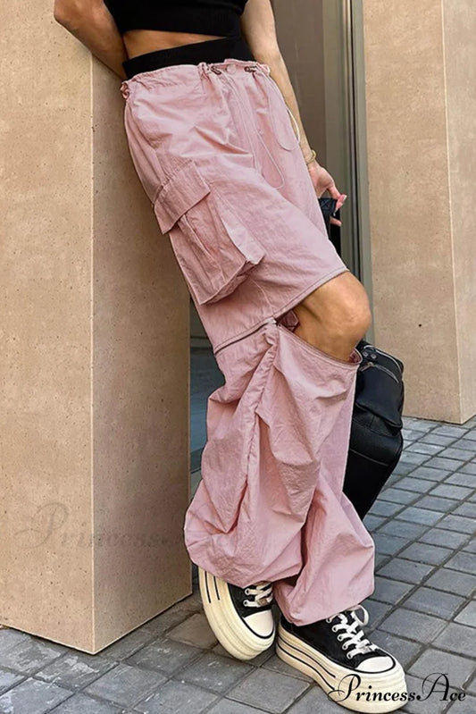 Pink Drawstring Zipper Cargo Pants / S