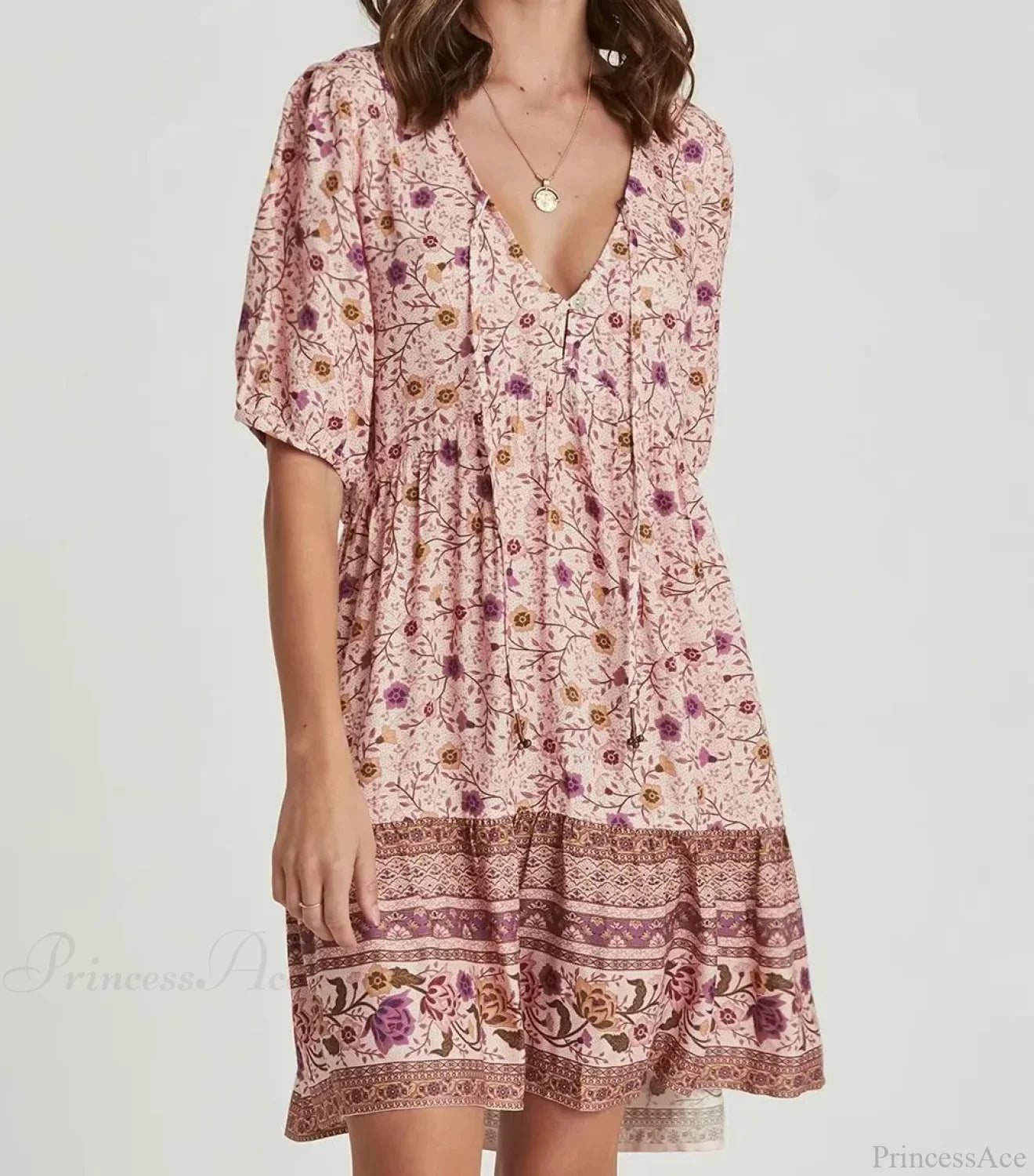 Pink Floral Print Robe A-line Mini Dress Women Beach Boho Summer Dress bohodress-250126