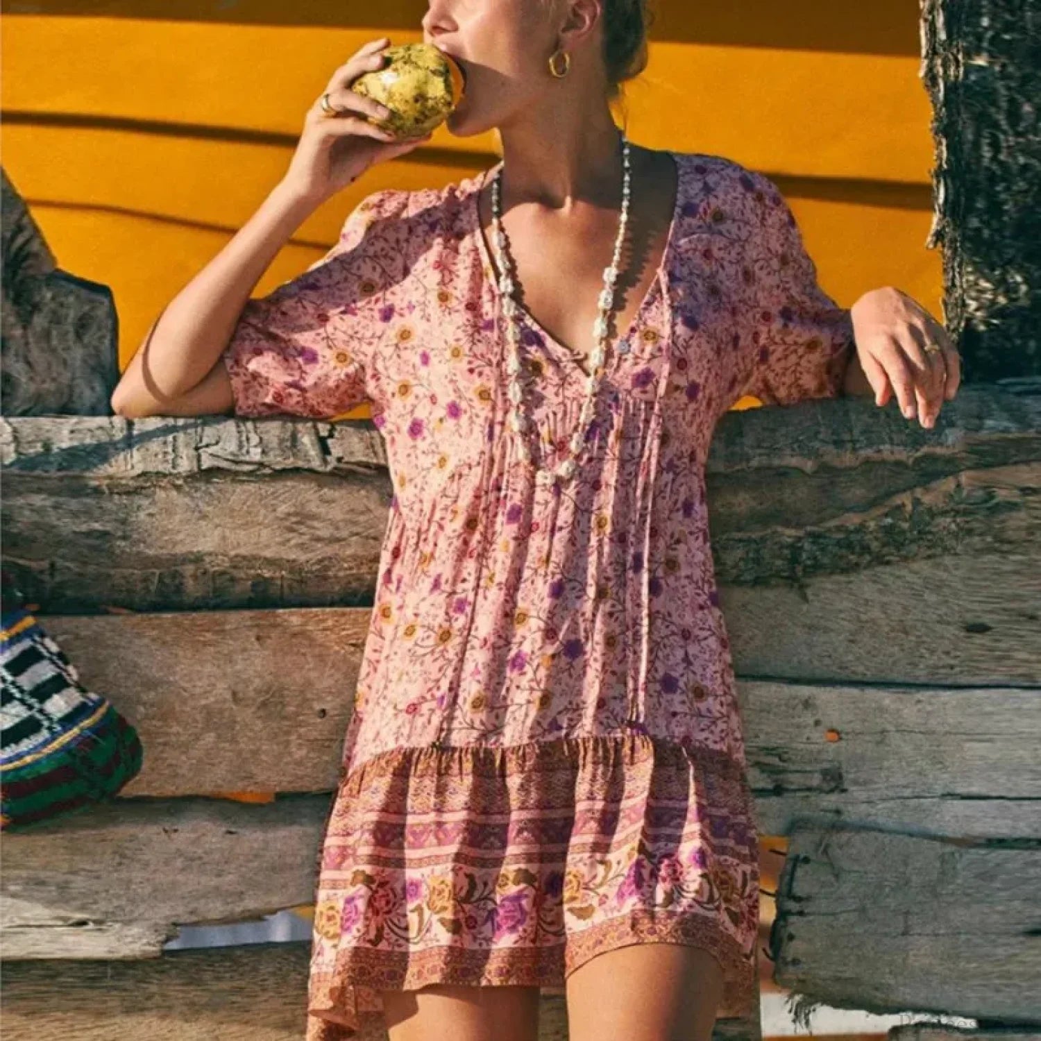Pink Floral Print Robe A-line Mini Dress Women Beach Boho Summer Dress bohodress-250126