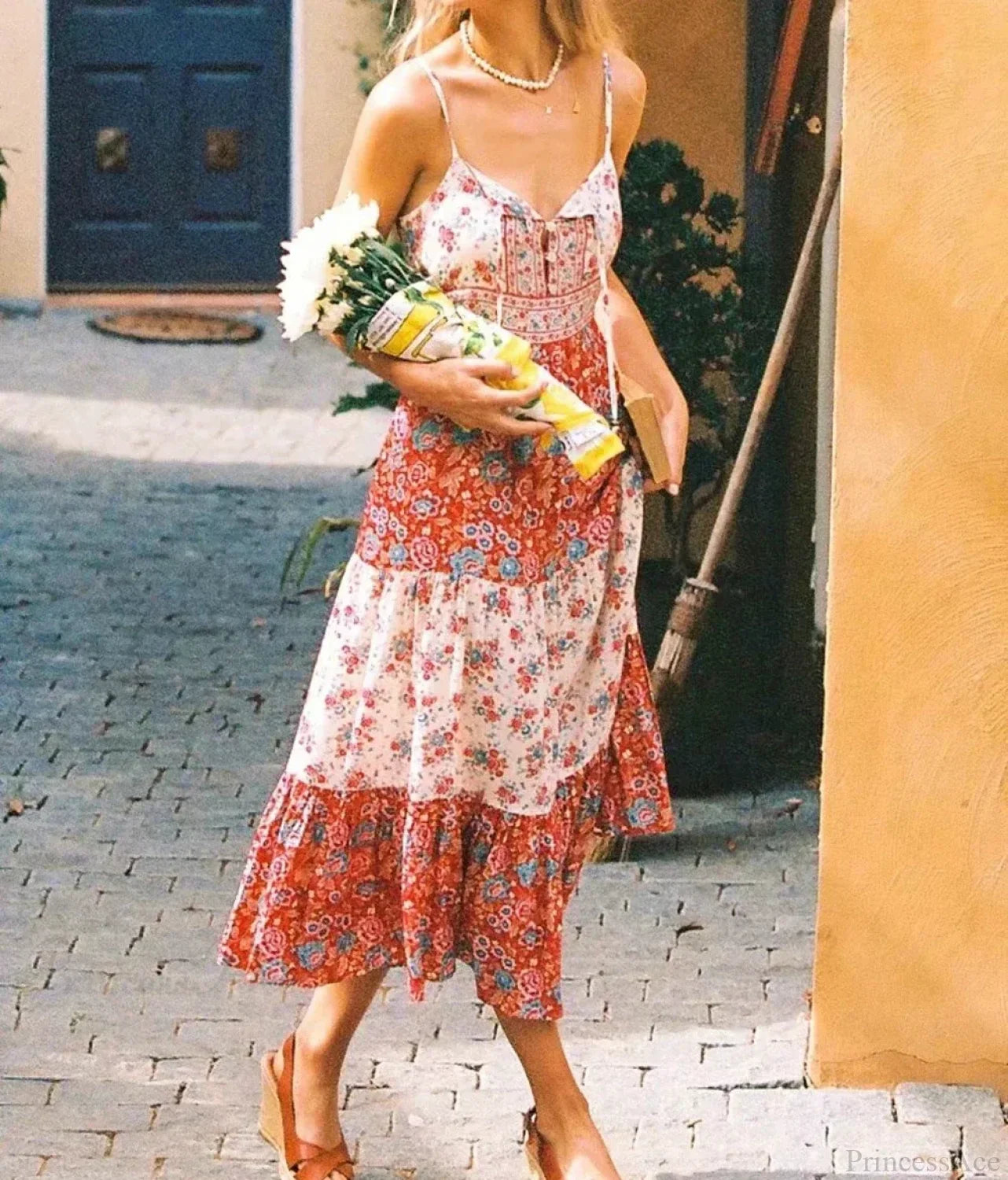 Pink Floral Print Sleeveless Strap Rayon Summer Maxi Boho Dress red / S bohodress-250126