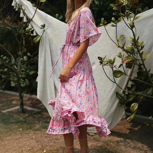 Pink Floral Print V-neck Tassel Rayon Vacation Maxi Boho Dress bohodress-250126