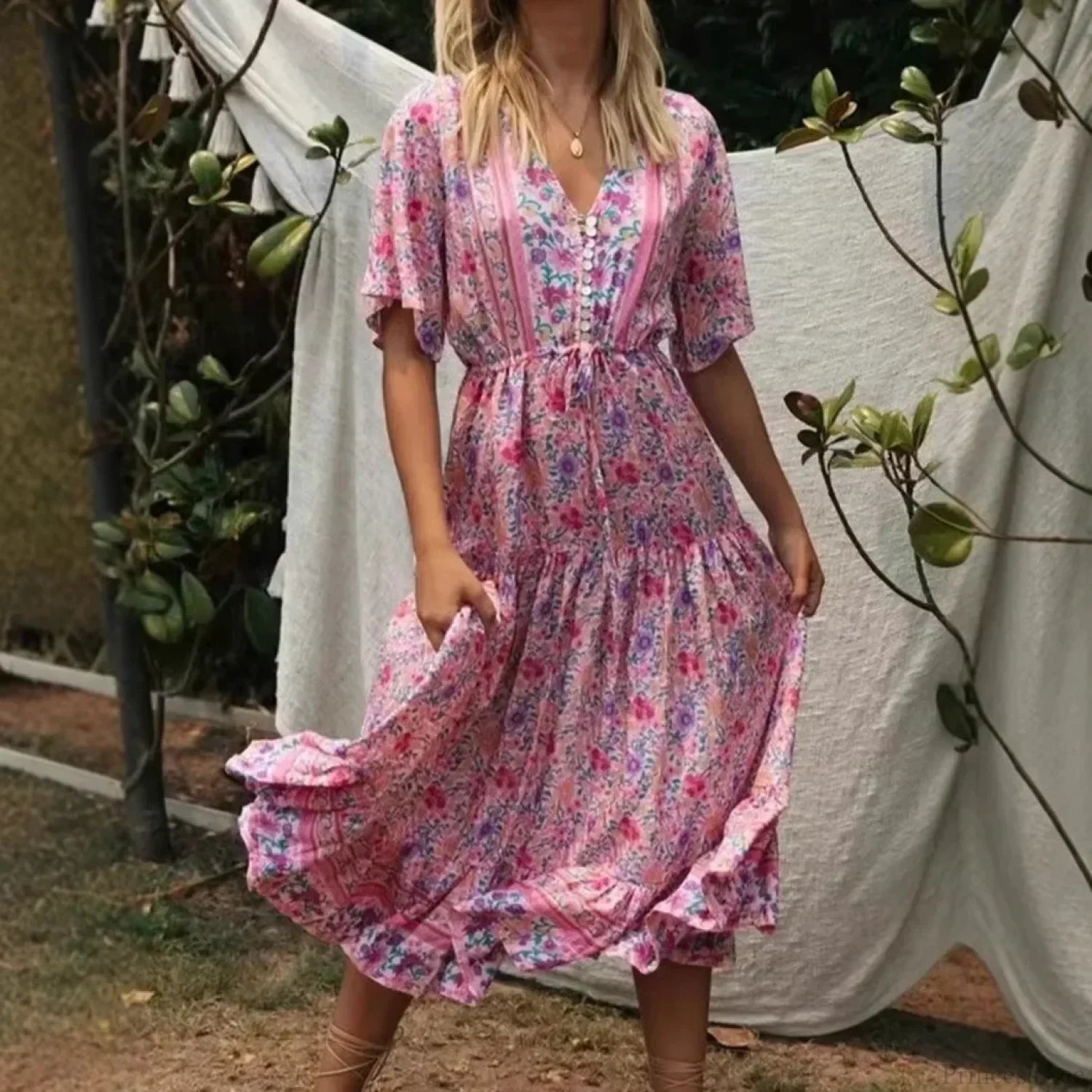 Pink Floral Print V-neck Tassel Rayon Vacation Maxi Boho Dress Pink / S bohodress-250126