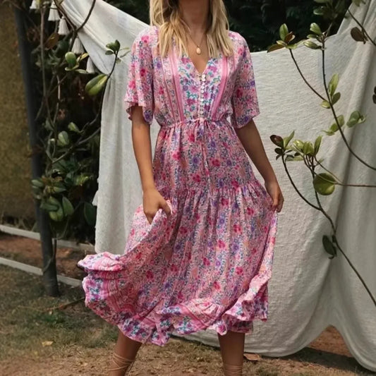 Pink Floral Print V-neck Tassel Rayon Vacation Maxi Boho Dress Pink / S bohodress-250126
