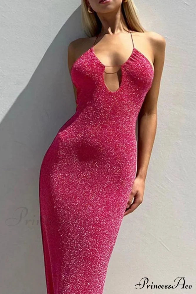 Pink Glitter Tie-Back Dress With Slit Midi Dresses