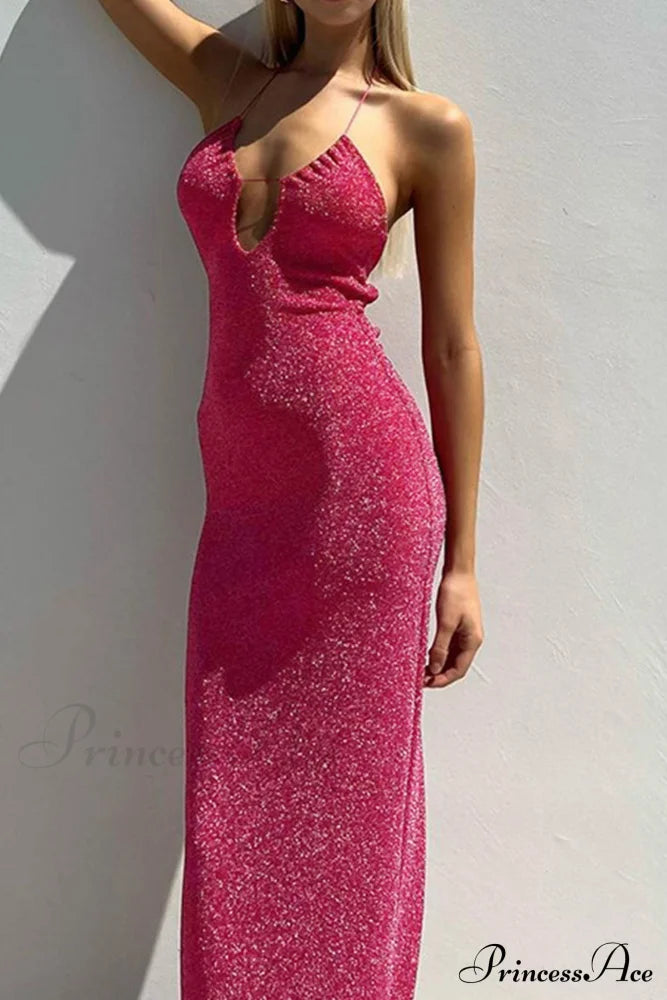 Pink Glitter Tie-Back Dress With Slit Midi Dresses