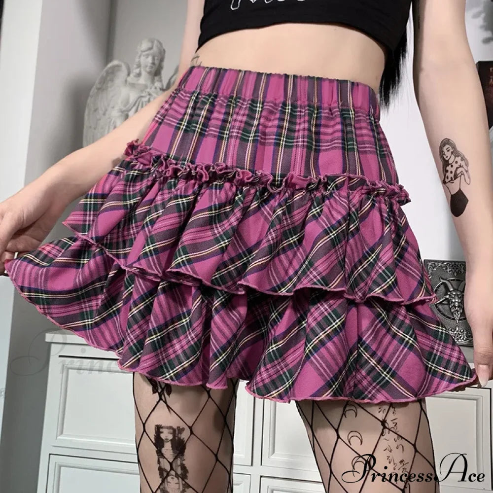 Pink Japanese College Youth Girl Plaid High Waist Slim Skirt Halloween