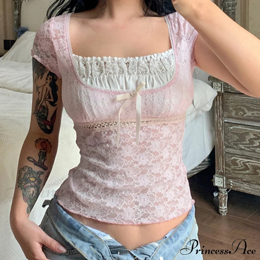 Pink Lace Stylish Short Sleeve Top Top