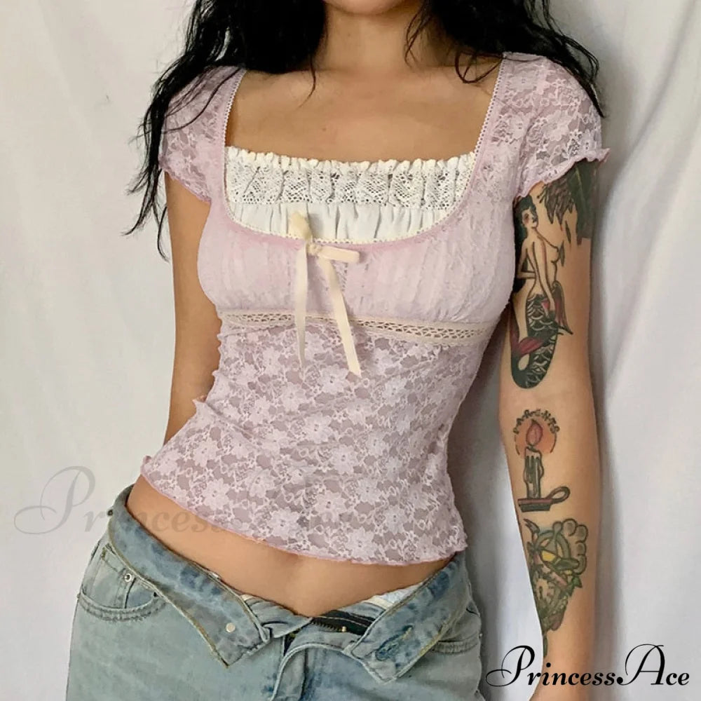Pink Lace Stylish Short Sleeve Top Top