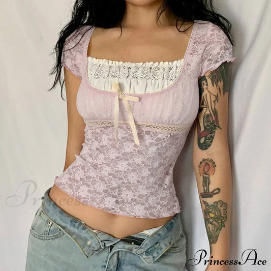 Pink Lace Stylish Short Sleeve Top Top