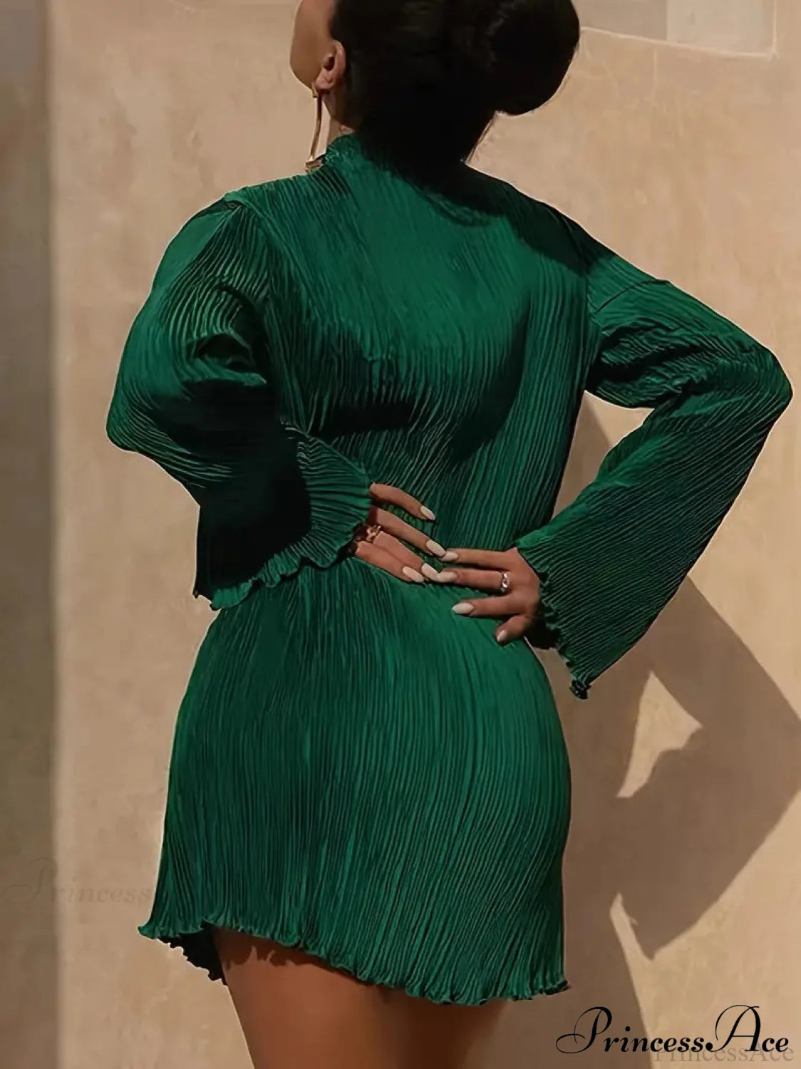 Pink Lettuce Trim Textured Dress With Long Sleeves L / Green Long Sleeve Party Dress