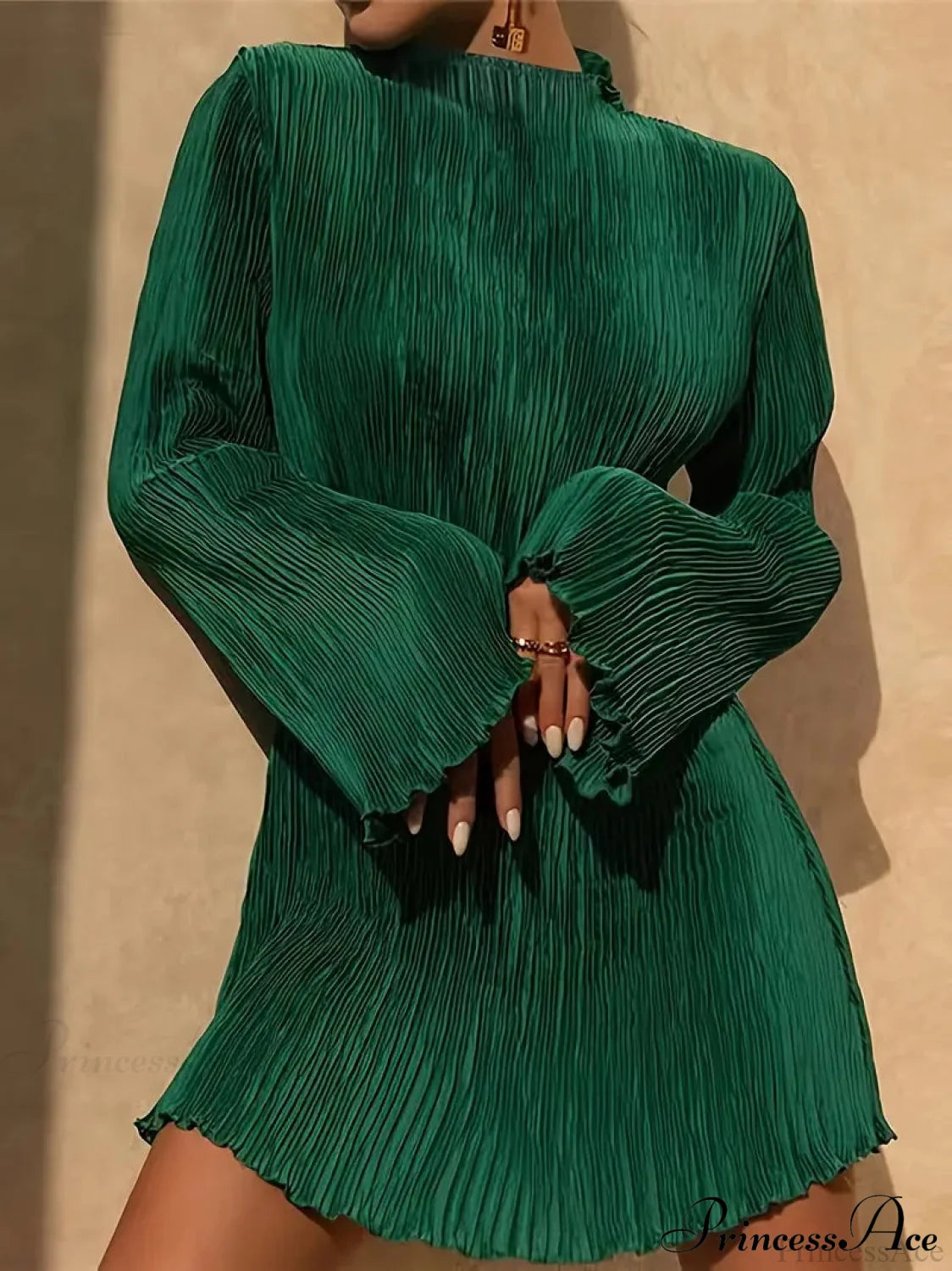 Pink Lettuce Trim Textured Dress With Long Sleeves L / Green Green Long Sleeve Party Dress