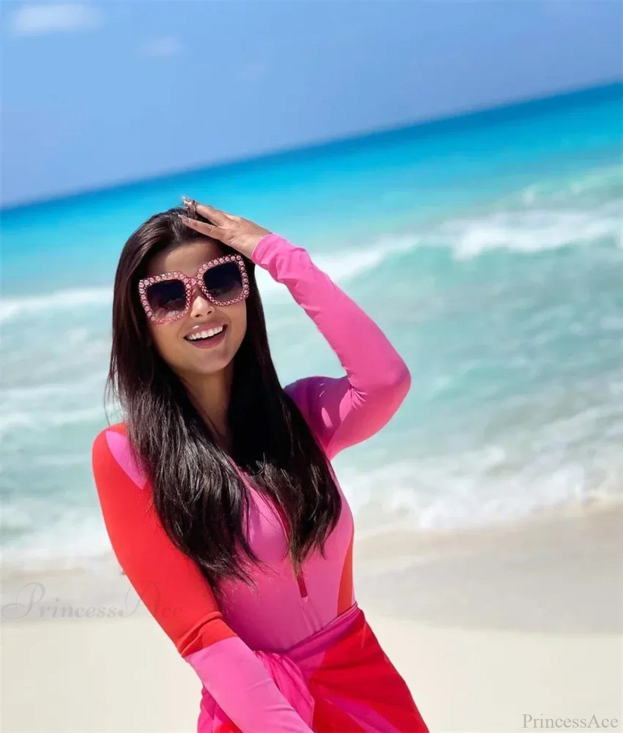 Pink Patchwork Zipper One Piece Swimsuit pink / S onepiece-250223