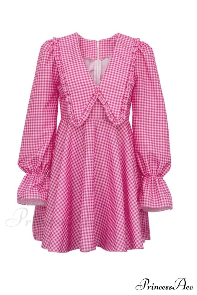 Pink Plaid A-Line Babydoll Dress With Lapel Mini Dresses