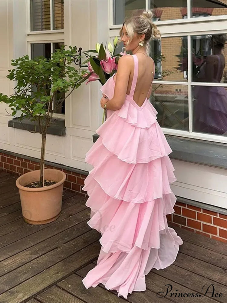 Pink Pleated Stylish Halter Maxi Dress Layered Ruffles Long