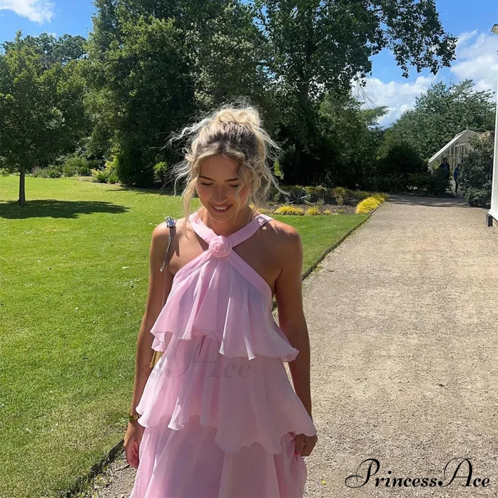 Pink Pleated Stylish Halter Maxi Dress Layered Ruffles Long