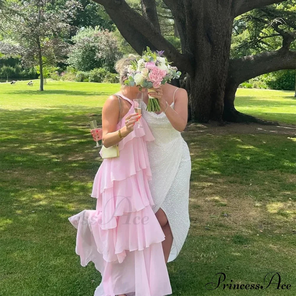 Pink Pleated Stylish Halter Maxi Dress Layered Ruffles Long