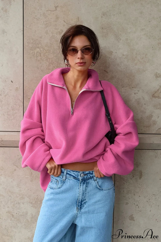 Pink Polar Fleece Loose Thickened Sweatshirt Pink / S