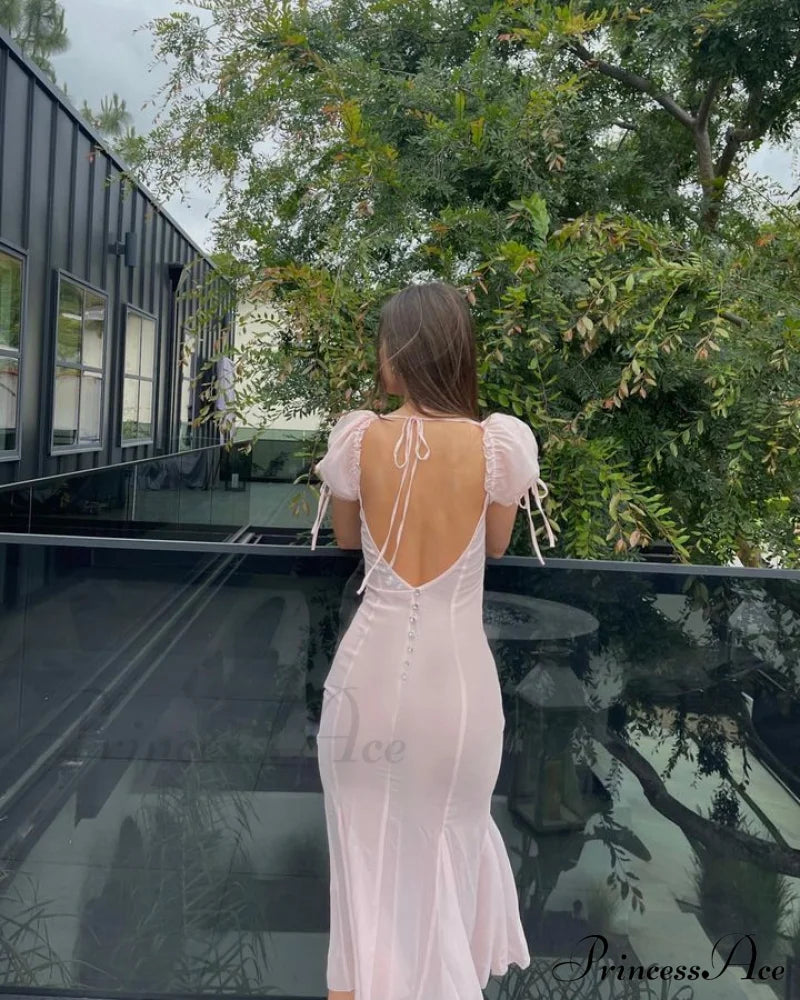 Pink Puff Sleeve Backless Graceful Crystal Button Mesh Midi Dress