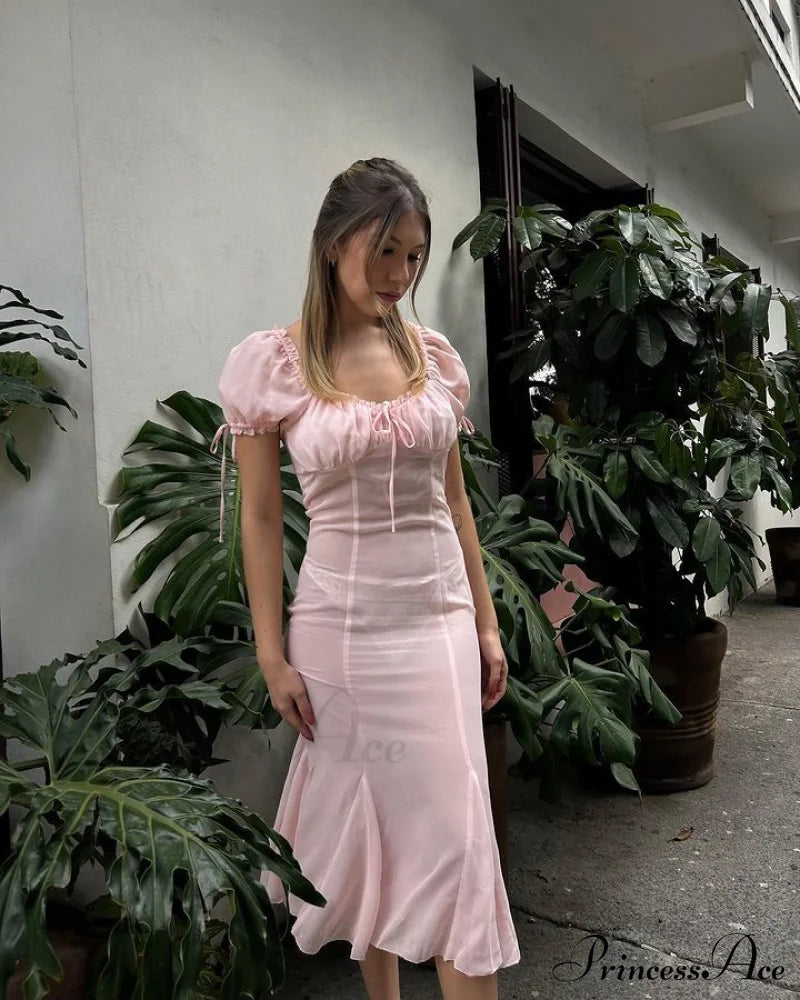 Pink Puff Sleeve Backless Graceful Crystal Button Mesh Midi Dress
