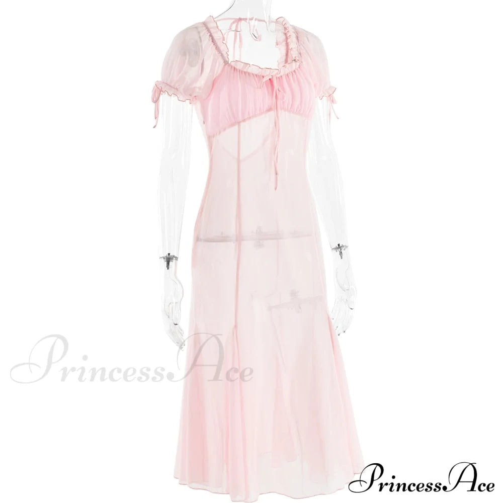 Pink Puff Sleeve Backless Graceful Crystal Button Mesh Midi Dress
