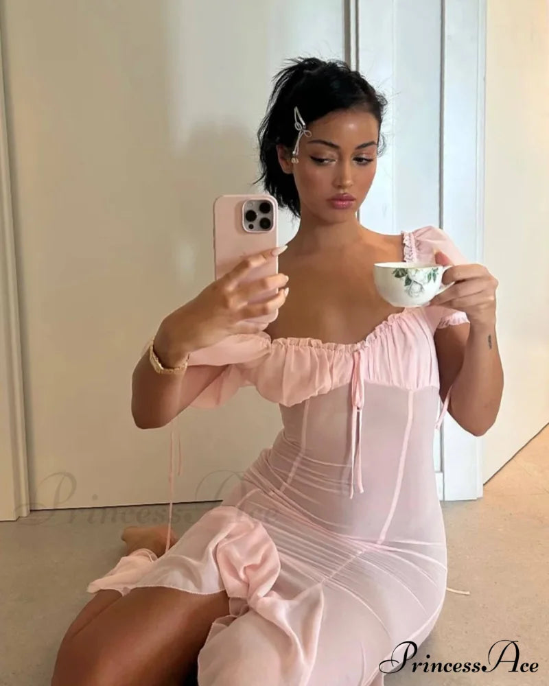 Pink Puff Sleeve Backless Graceful Crystal Button Mesh Midi Dress