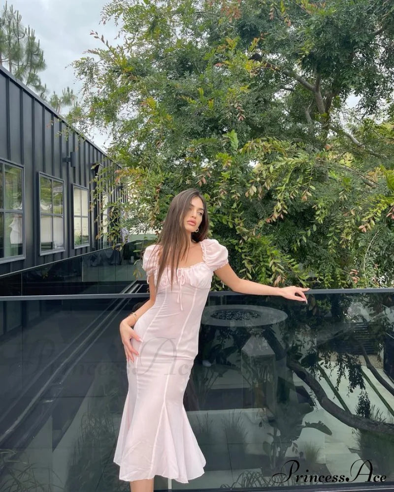 Pink Puff Sleeve Backless Graceful Crystal Button Mesh Midi Dress