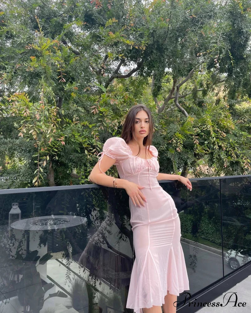 Pink Puff Sleeve Backless Graceful Crystal Button Mesh Midi Dress