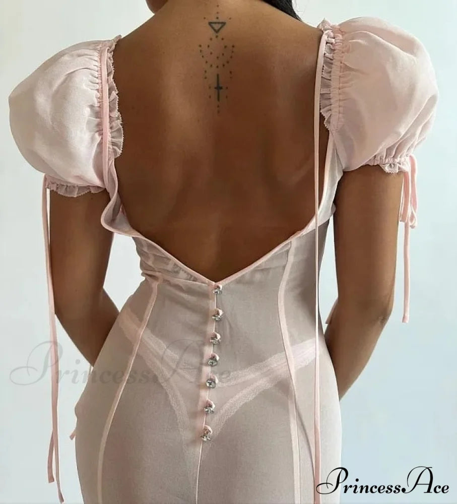 Pink Puff Sleeve Backless Graceful Crystal Button Mesh Midi Dress