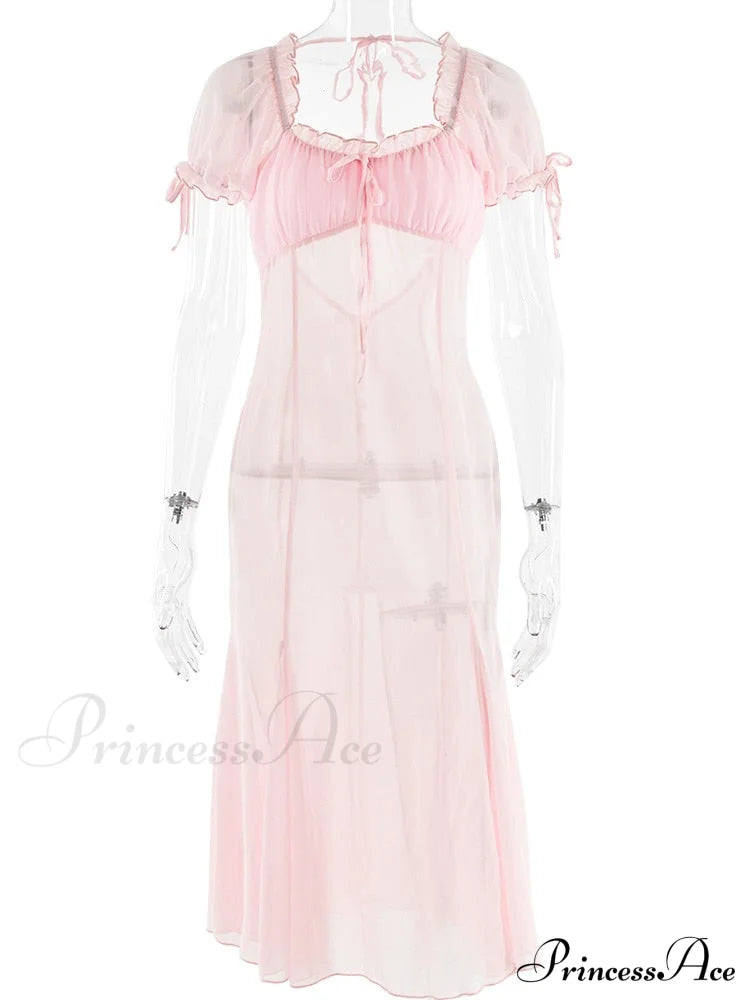 Pink Puff Sleeve Backless Graceful Crystal Button Mesh Midi Dress