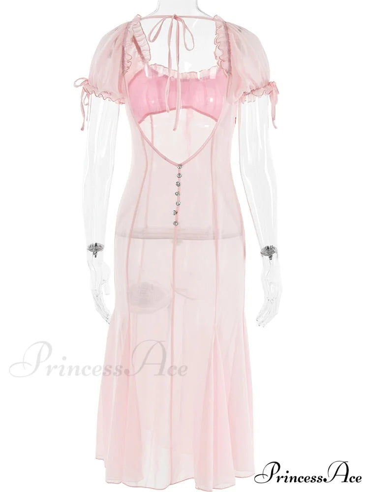 Pink Puff Sleeve Backless Crystal Button Mesh Midi Dress - Free From Label