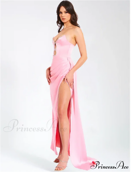 Pink Satin Strapless Party Dress Partydress-241208