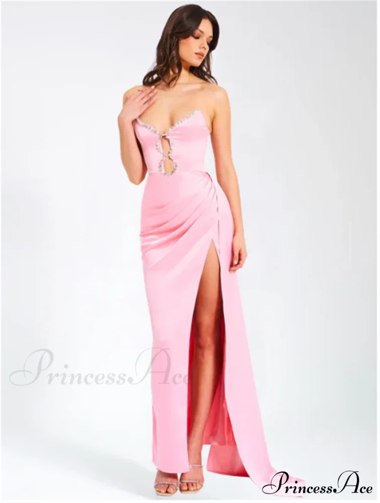 Pink Satin Strapless Party Dress Partydress-241208