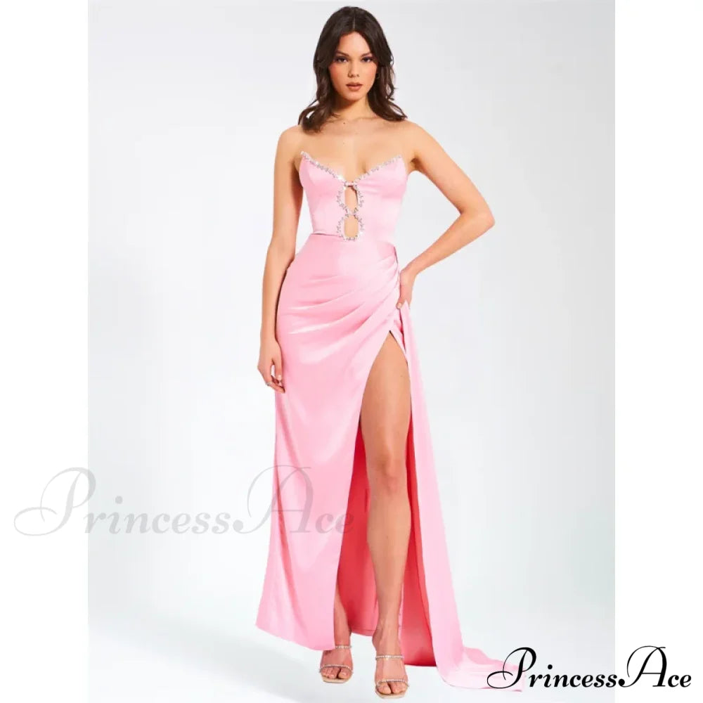 Pink Satin Strapless Party Dress Partydress-241208