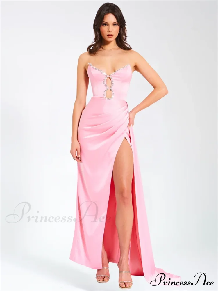 Pink Satin Strapless Party Dress / Xs Partydress-241208