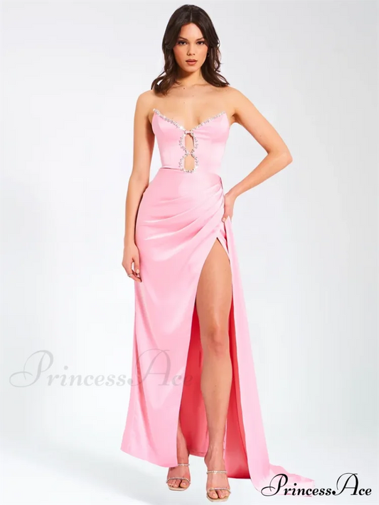 Pink Satin Strapless Party Dress / Xs Partydress-241208