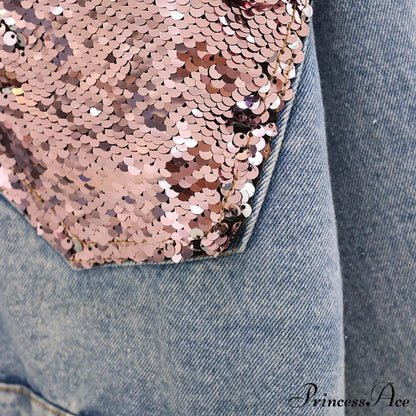 Pink Shiny Sequin Denim Jacket